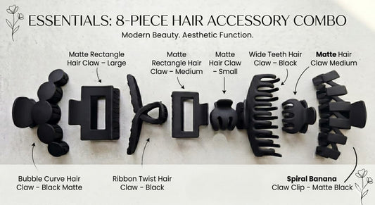 8-piece hair accessory combo with various hair claws on a white background