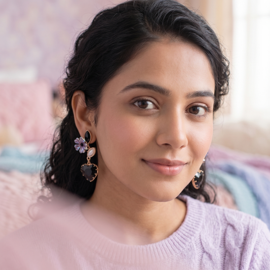 Woman wearing earrings with a blurred background