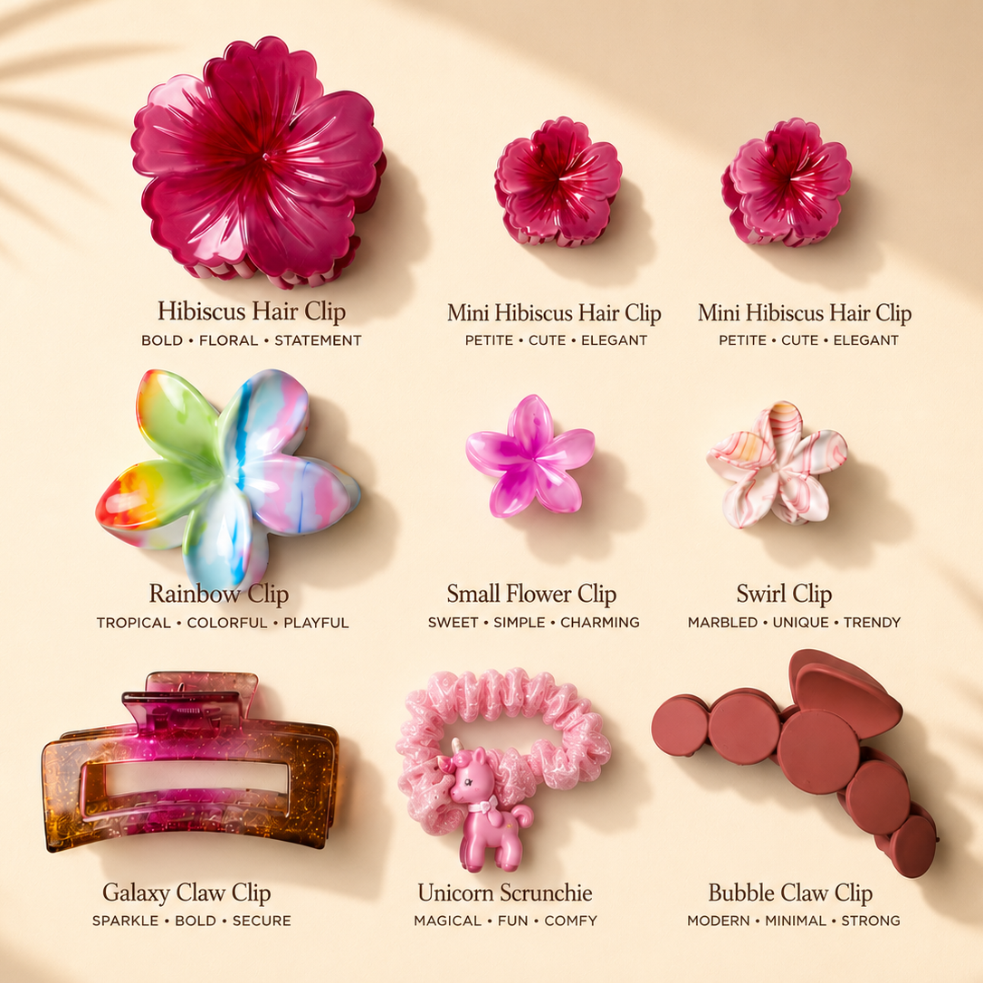 Collection of colorful hair clips with labels on a beige background