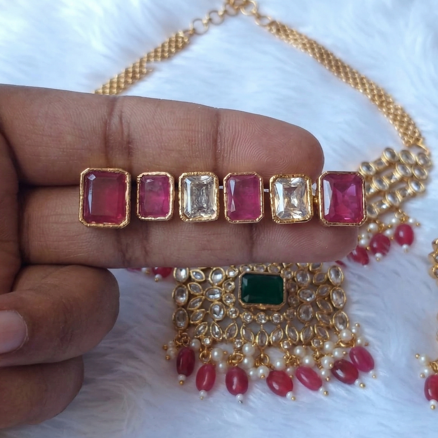Regal Kundan Choker Set with Emerald Centerpiece & Ruby Beads