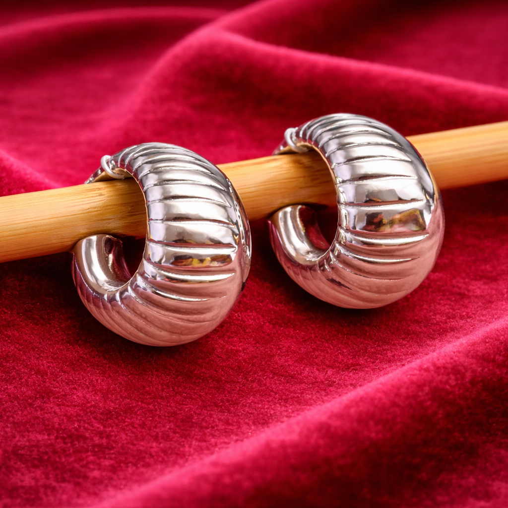 Ribbed Silver Chunky Hoop Earrings