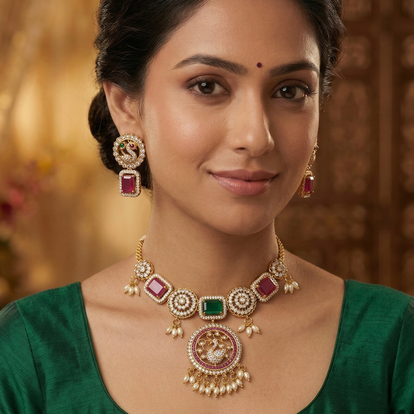 Woman wearing traditional jewelry with a blurred background
