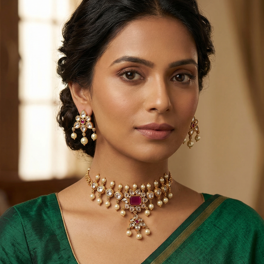 Woman wearing traditional jewelry and a green saree with a blurred background