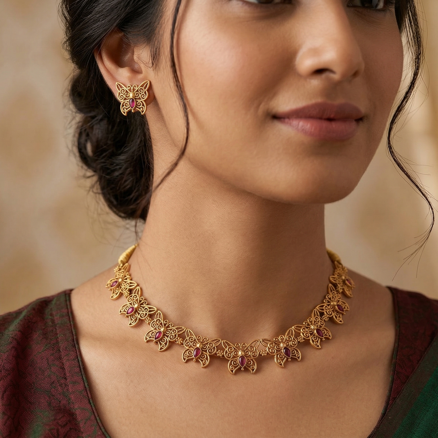 Woman wearing a gold necklace and earrings with a blurred background