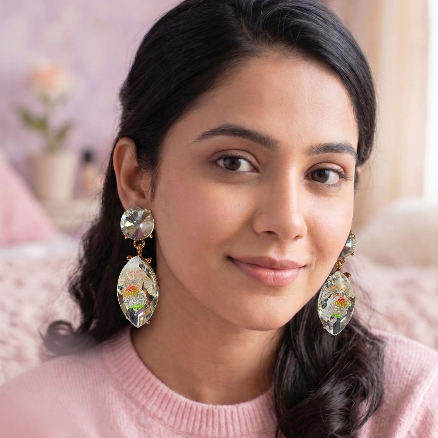 Woman wearing large, ornate earrings with a soft pink background