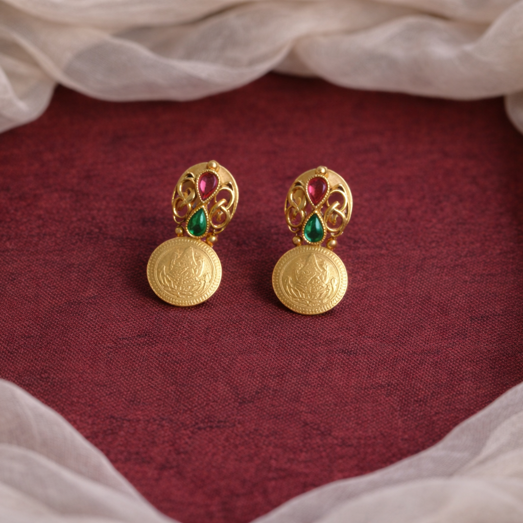 Gold earrings with gemstones on a red fabric background