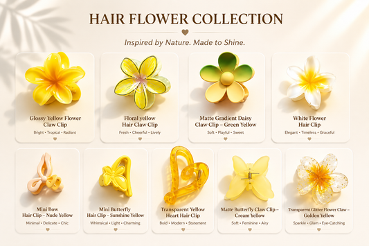 Hair flower collection with various yellow-themed hair clips on a light background.