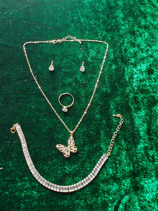 Stylish Butterfly Pendant Necklace Earrings Ring Bracelet Set