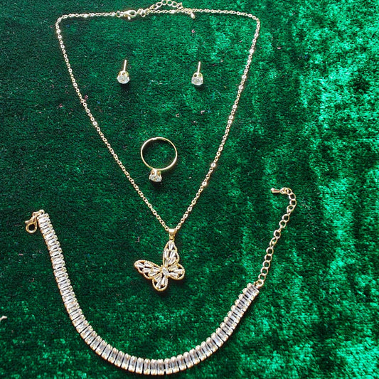 Stylish Butterfly Pendant Necklace Earrings Ring Bracelet Set