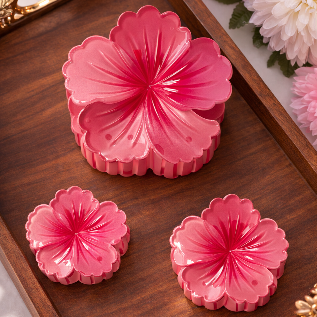 Pink flower-shaped containers on a wooden tray with floral decorations.