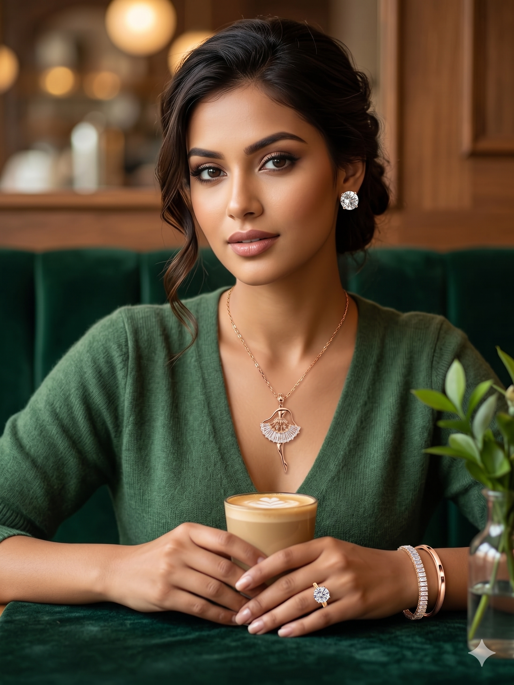 Woman in a green sweater holding a coffee cup in a cozy setting