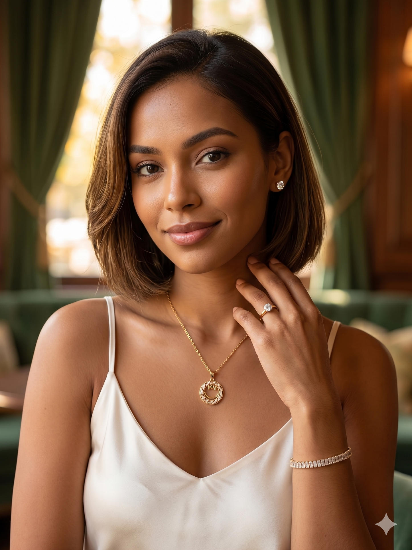 Woman wearing gold necklace and ring, with blurred background