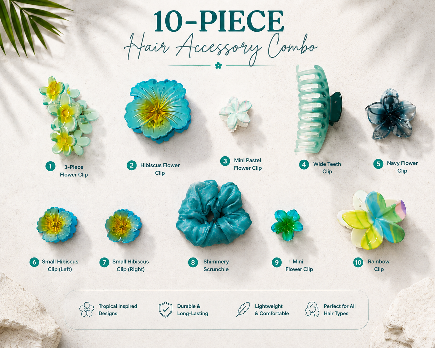 10-piece hair accessory combo with tropical-themed clips on a white background