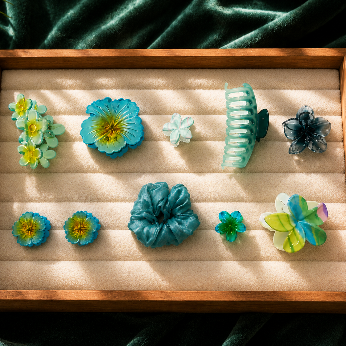 Wooden tray with colorful hair accessories on a textured green fabric background
