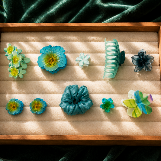 Wooden tray with colorful hair accessories on a textured green fabric background