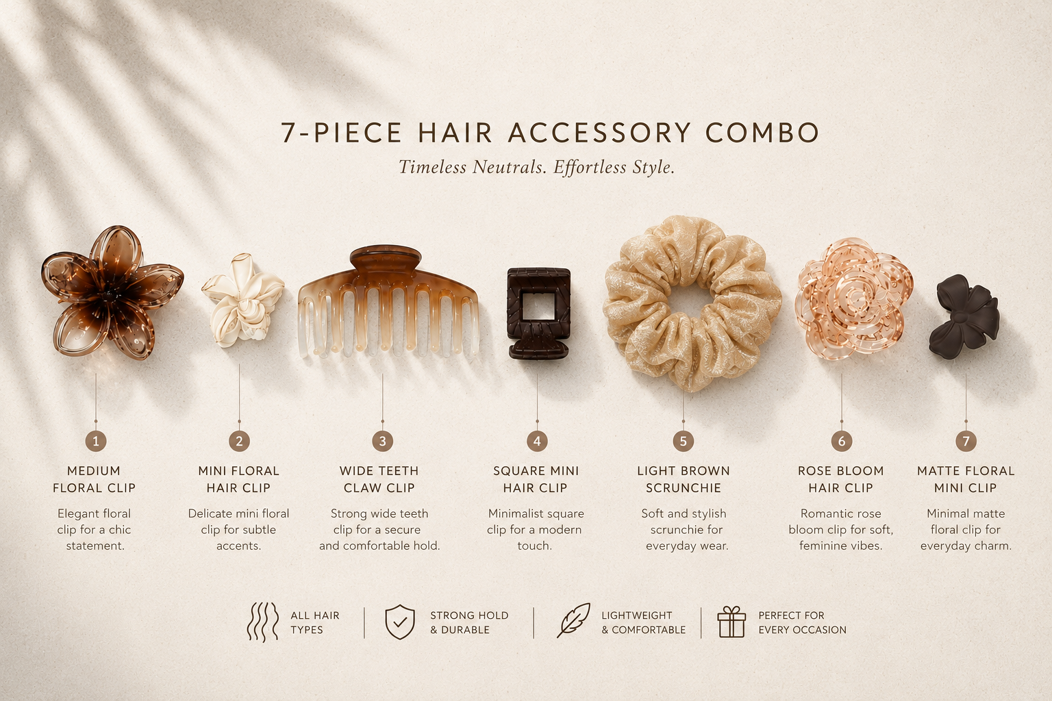 7-piece hair accessory combo with descriptions on a neutral background