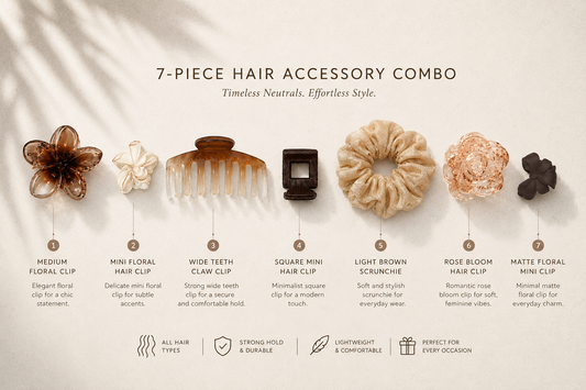 7-piece hair accessory combo with descriptions on a neutral background