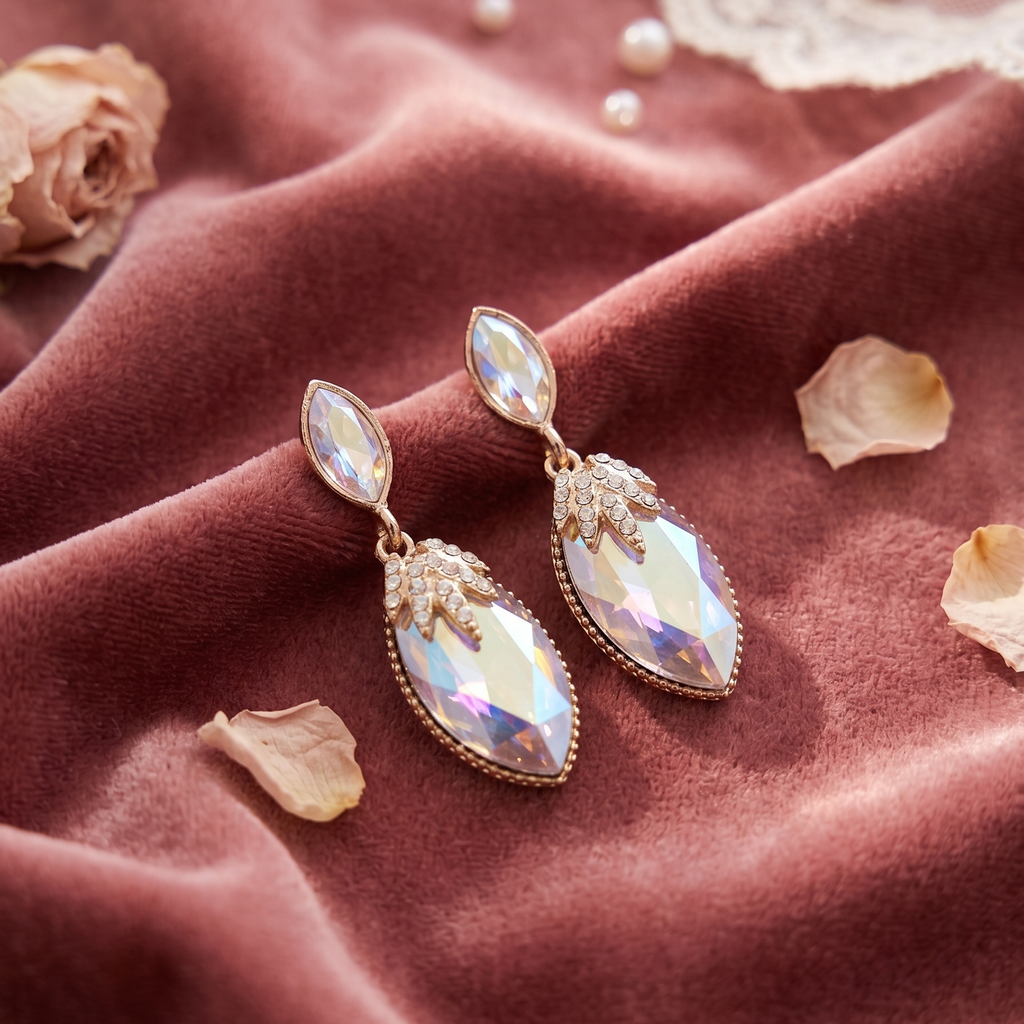 Elegant earrings with iridescent stones on a soft fabric background