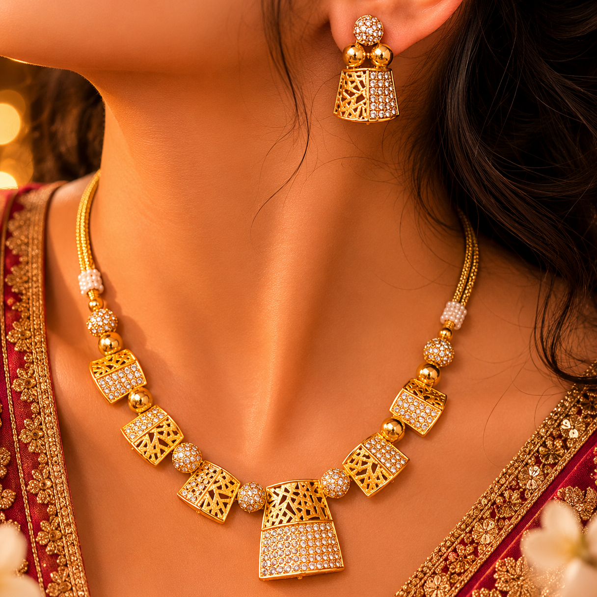 Gold necklace and earrings on a person wearing a red and gold traditional outfit.