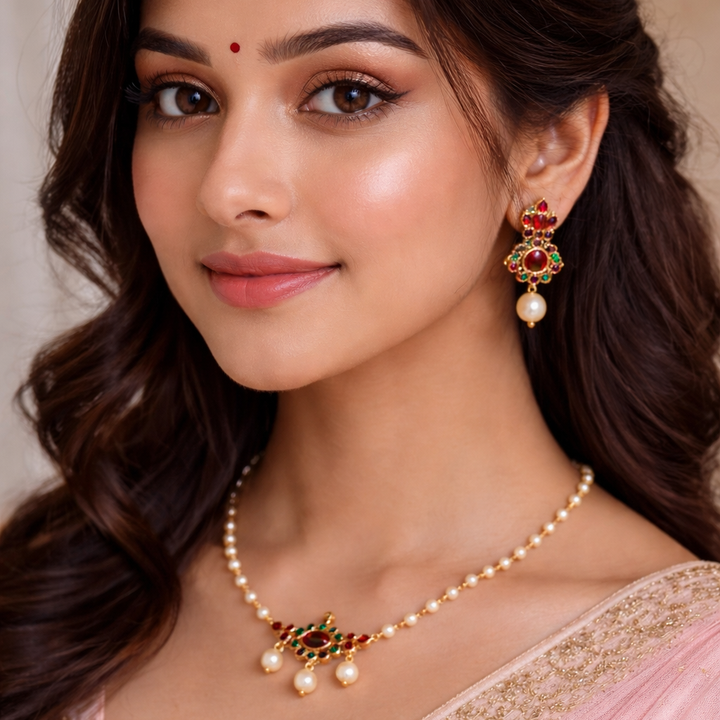 Woman wearing traditional jewelry and a pink saree with a neutral background