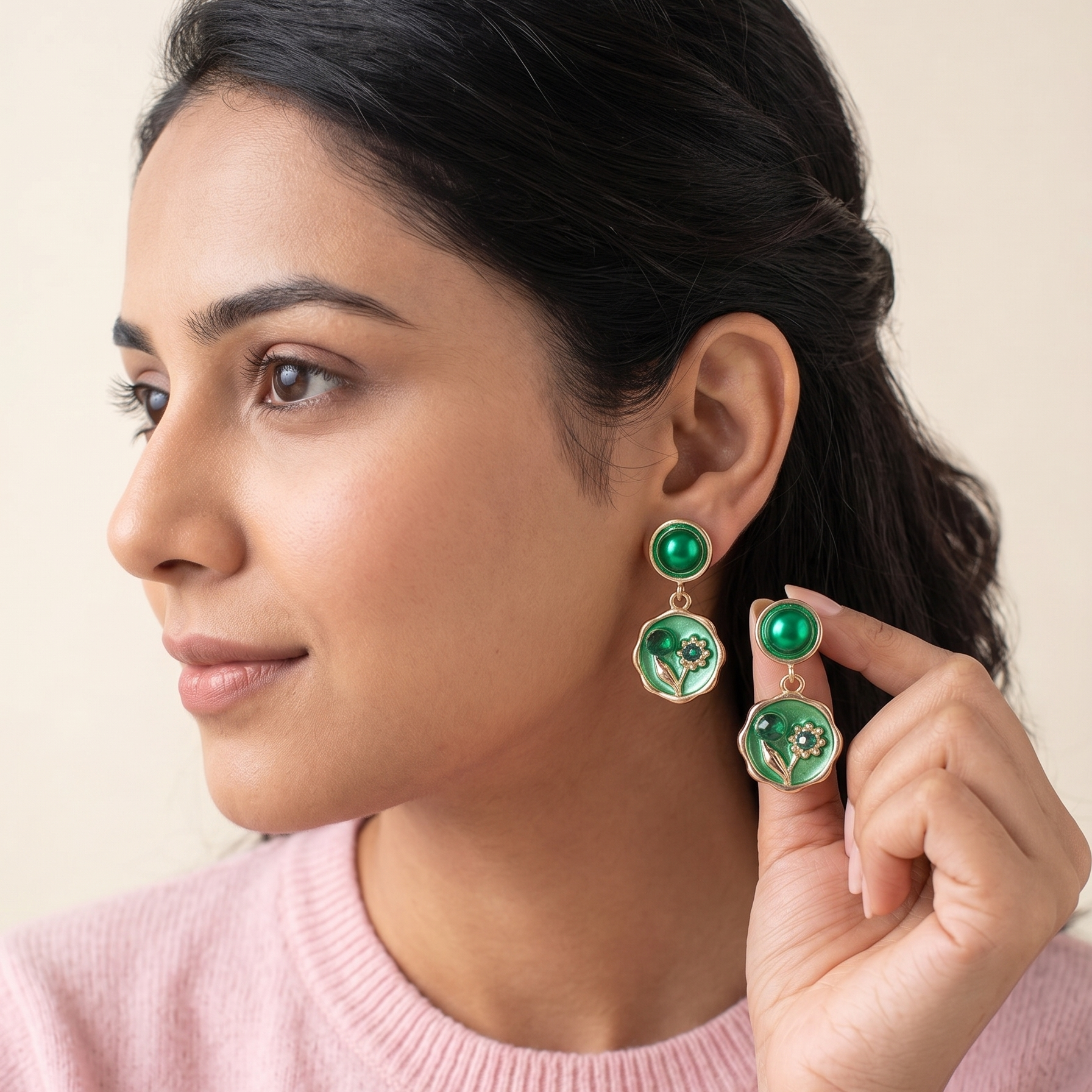 Woman wearing green earrings with a neutral background