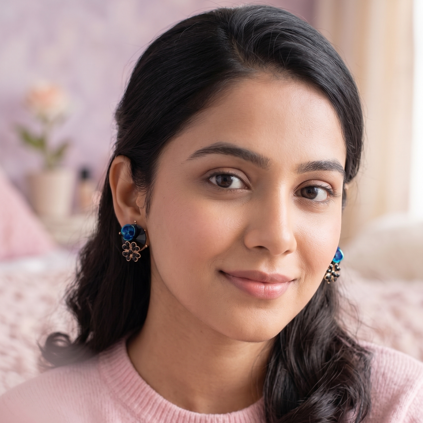 Woman wearing a pink sweater with a blurred background