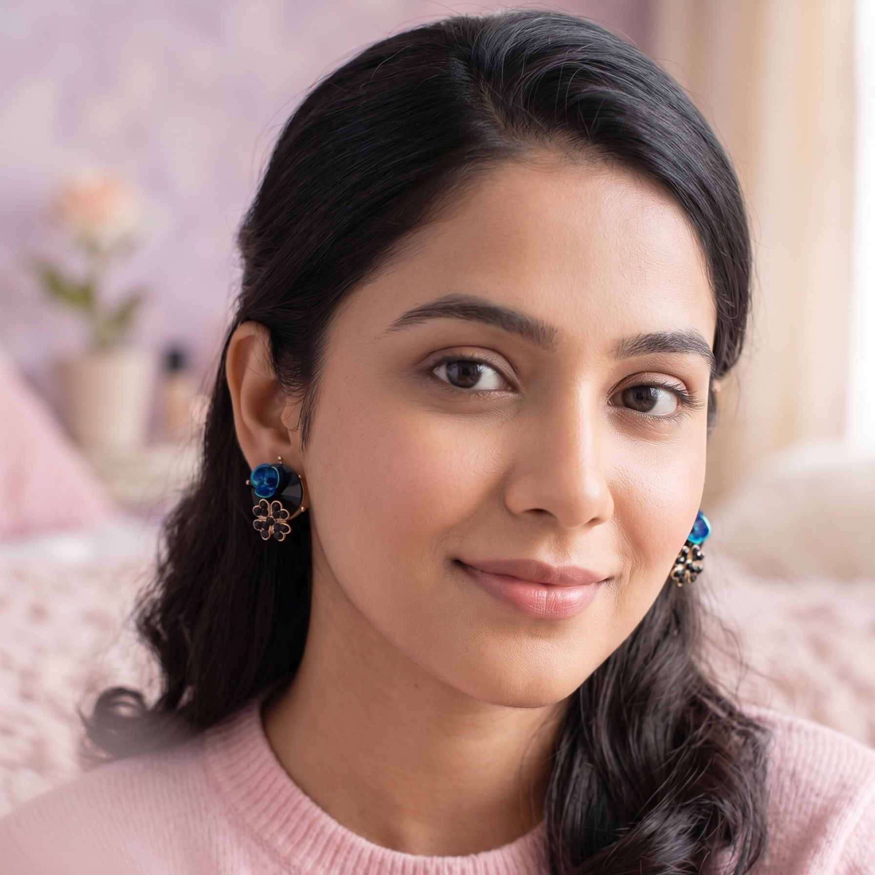 Woman wearing a pink sweater with a blurred background