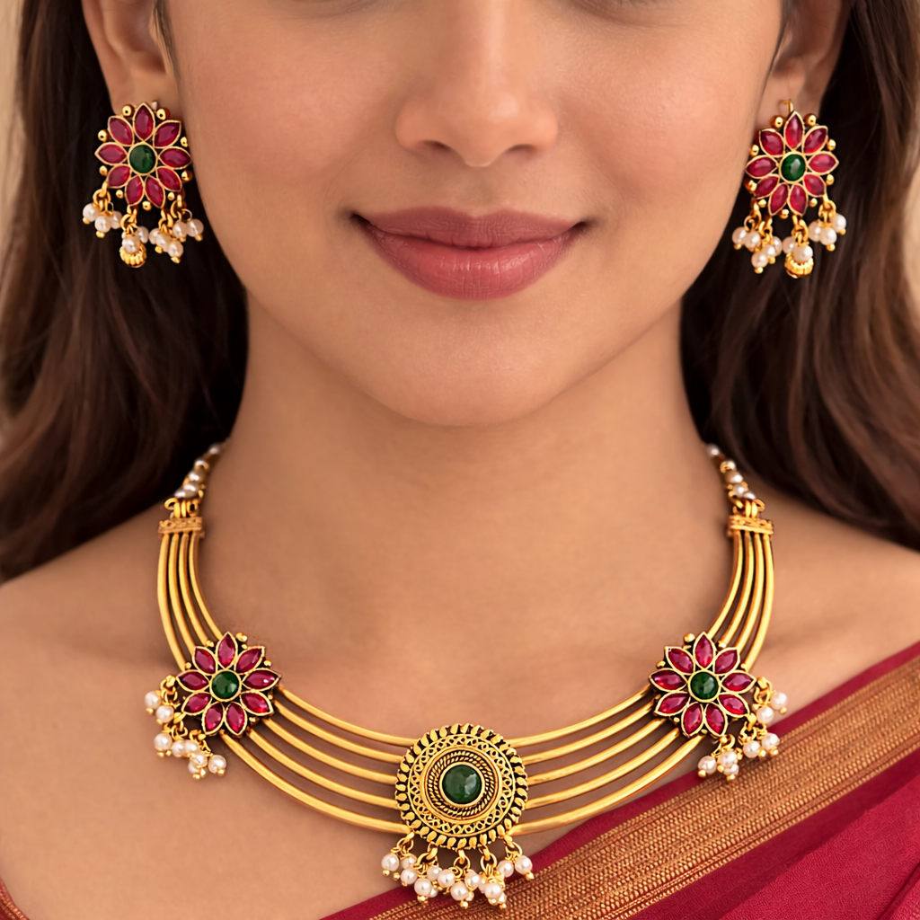 Close-up of a woman wearing a gold necklace and earrings with floral designs.