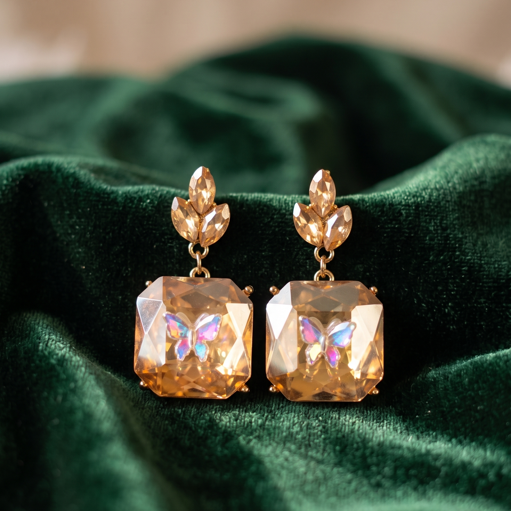Pair of gold earrings with butterfly designs on a green fabric background