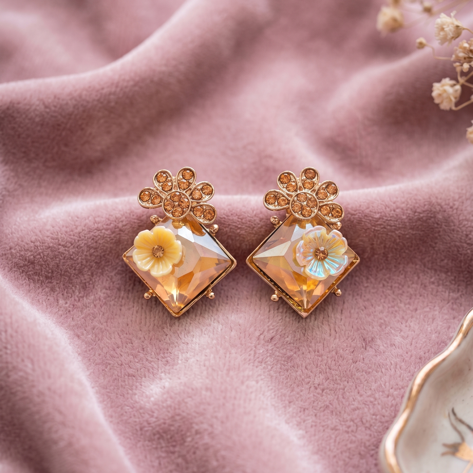 Pair of floral earrings on a pink fabric background
