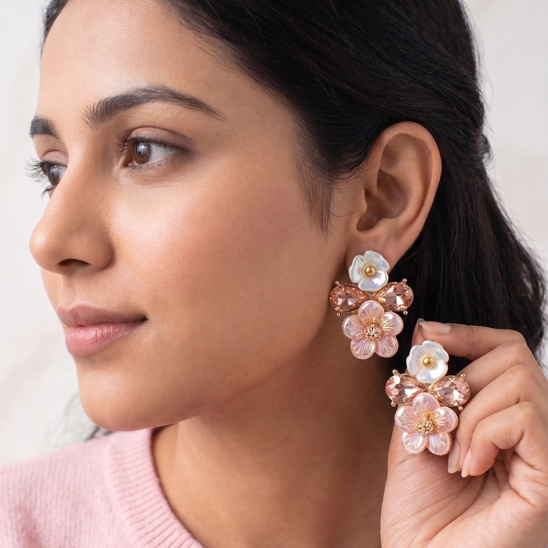 Woman wearing floral earrings with a light background