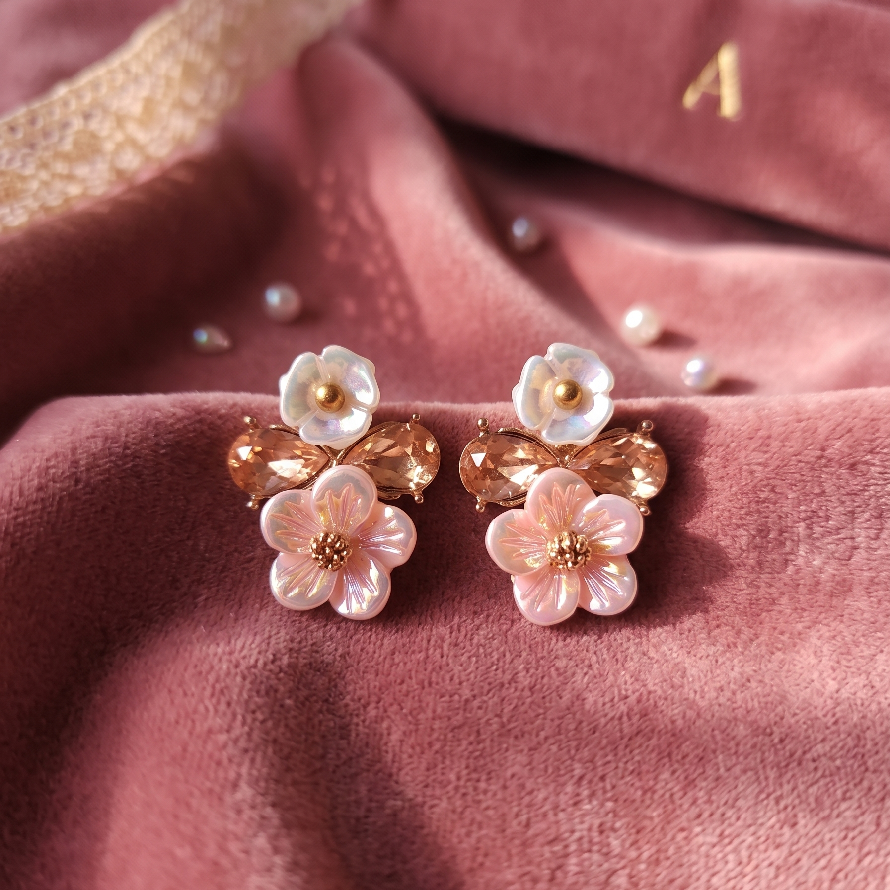 Floral earrings on a pink fabric background
