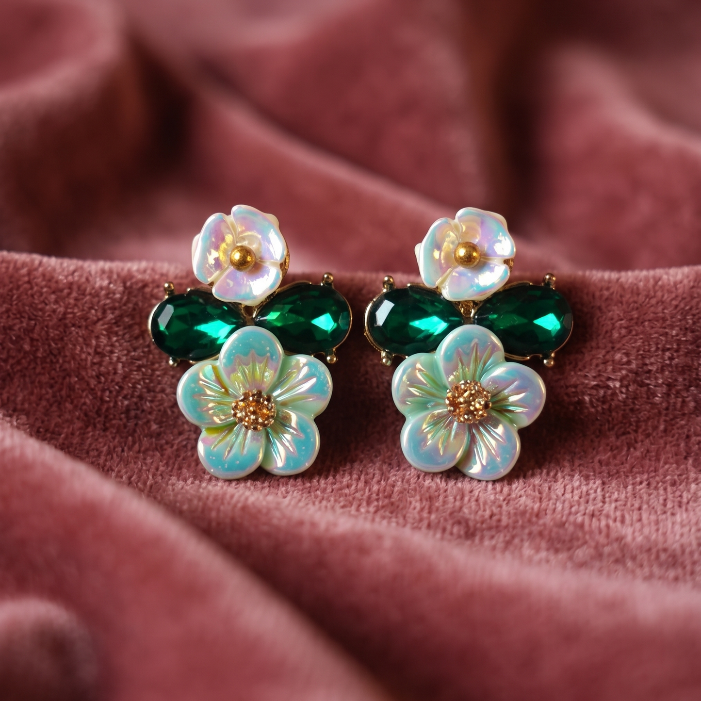 Floral earrings with green and gold accents on a pink fabric background