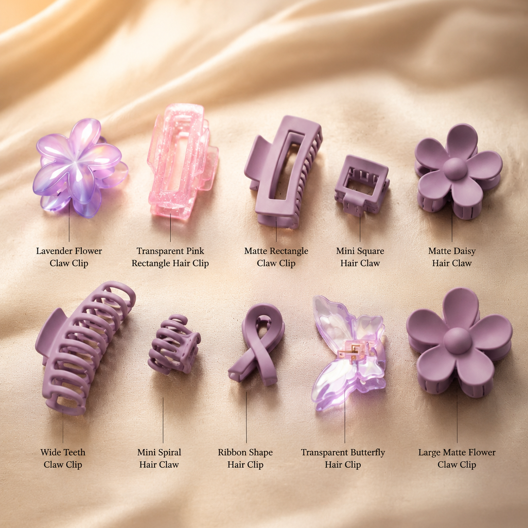 Collection of various hair clips on a beige fabric background