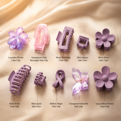 Collection of various hair clips on a beige fabric background