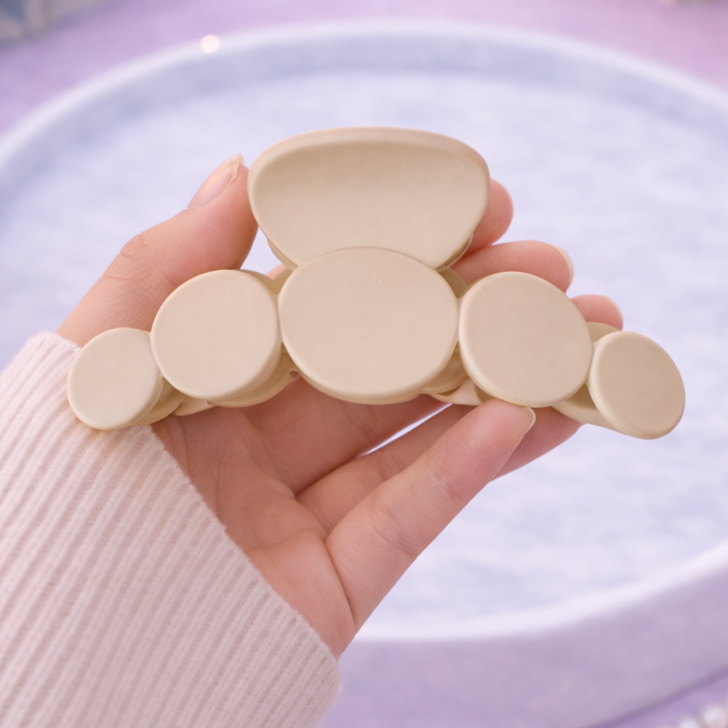 Hand holding a set of beige guitar picks on a light purple surface with a pearl necklace.