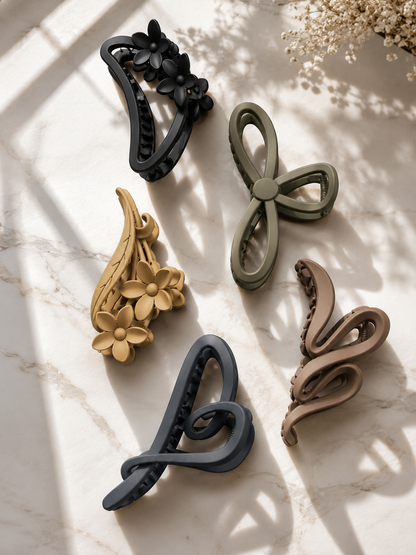 Set of five decorative wall hooks in various shapes and colors on a light surface.