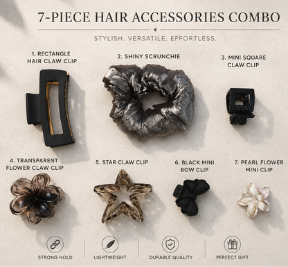 7-piece hair accessories combo with descriptions on a light background