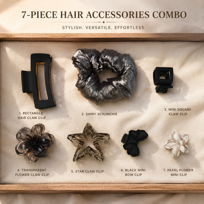 7-piece hair accessories combo in a wooden box on a beige fabric background