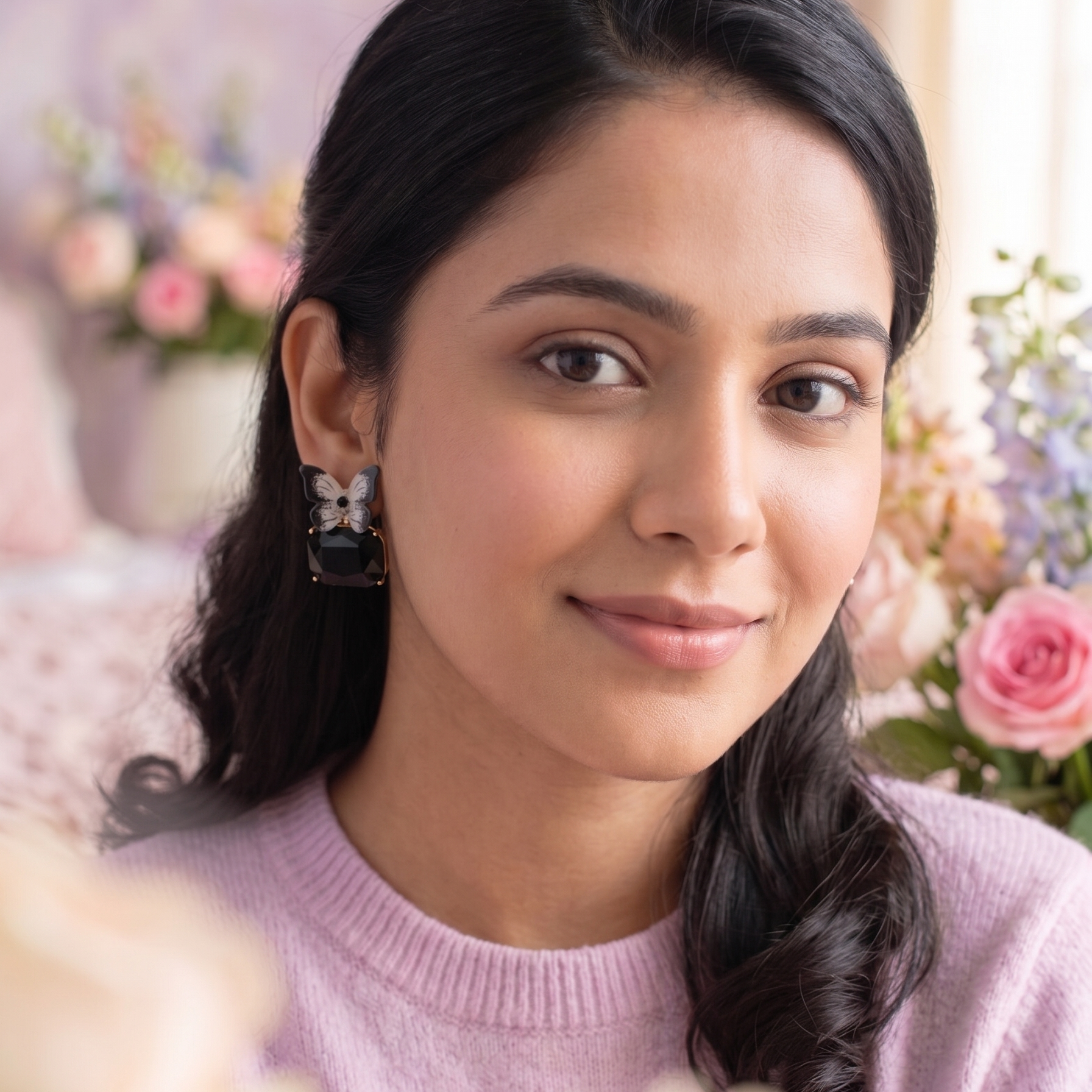 Woman wearing earrings with a blurred floral background