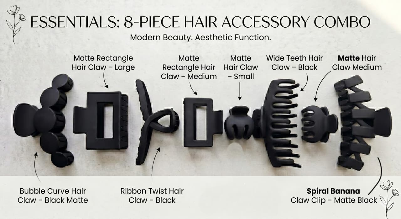 8-piece hair accessory combo with various hair claws on a white background