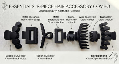 8-piece hair accessory combo with various hair claws on a white background