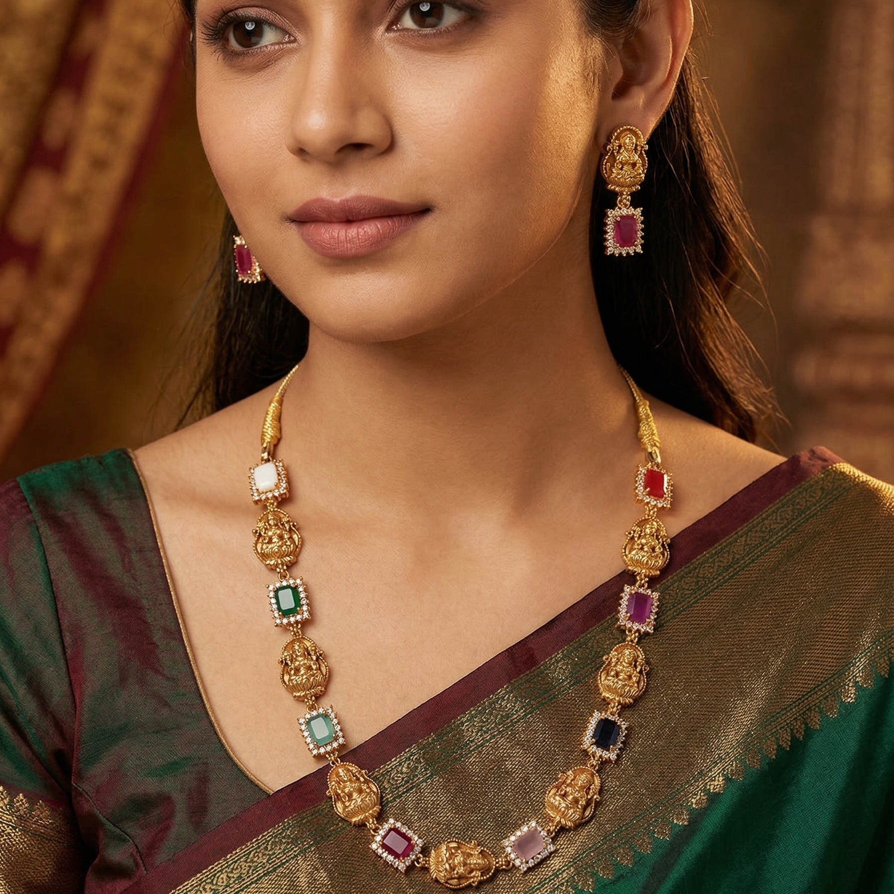 Woman wearing gold jewelry with gemstones against a warm-toned background