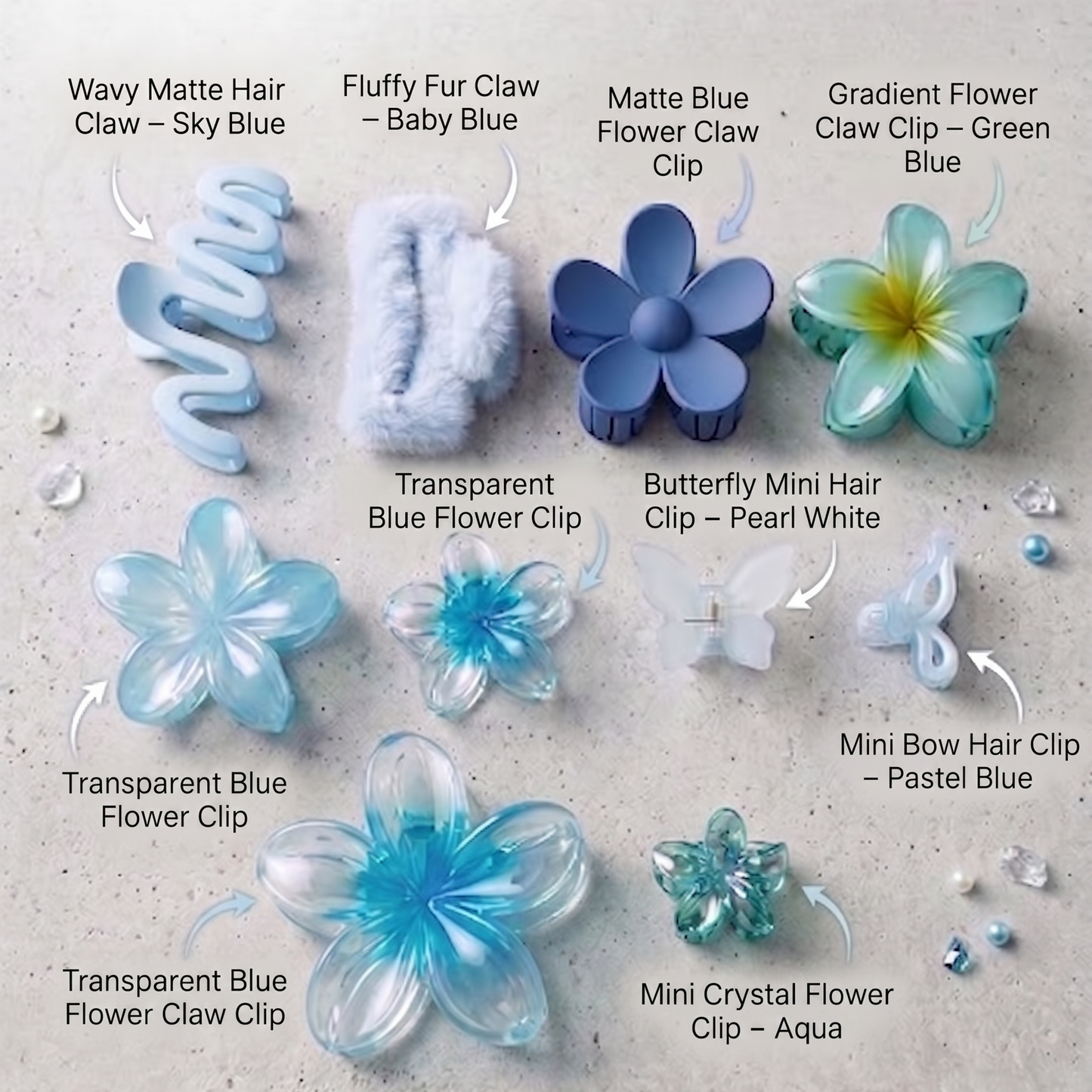 Collection of blue hair accessories with labels on a gray surface