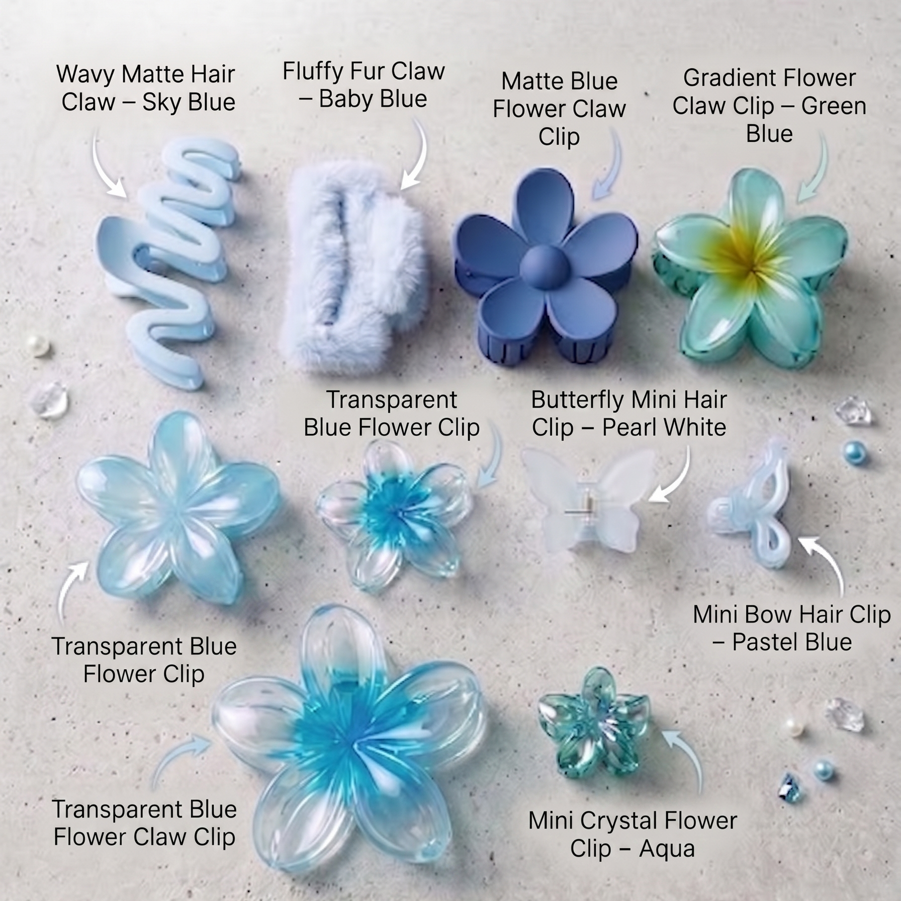Collection of blue hair accessories with labels on a gray surface