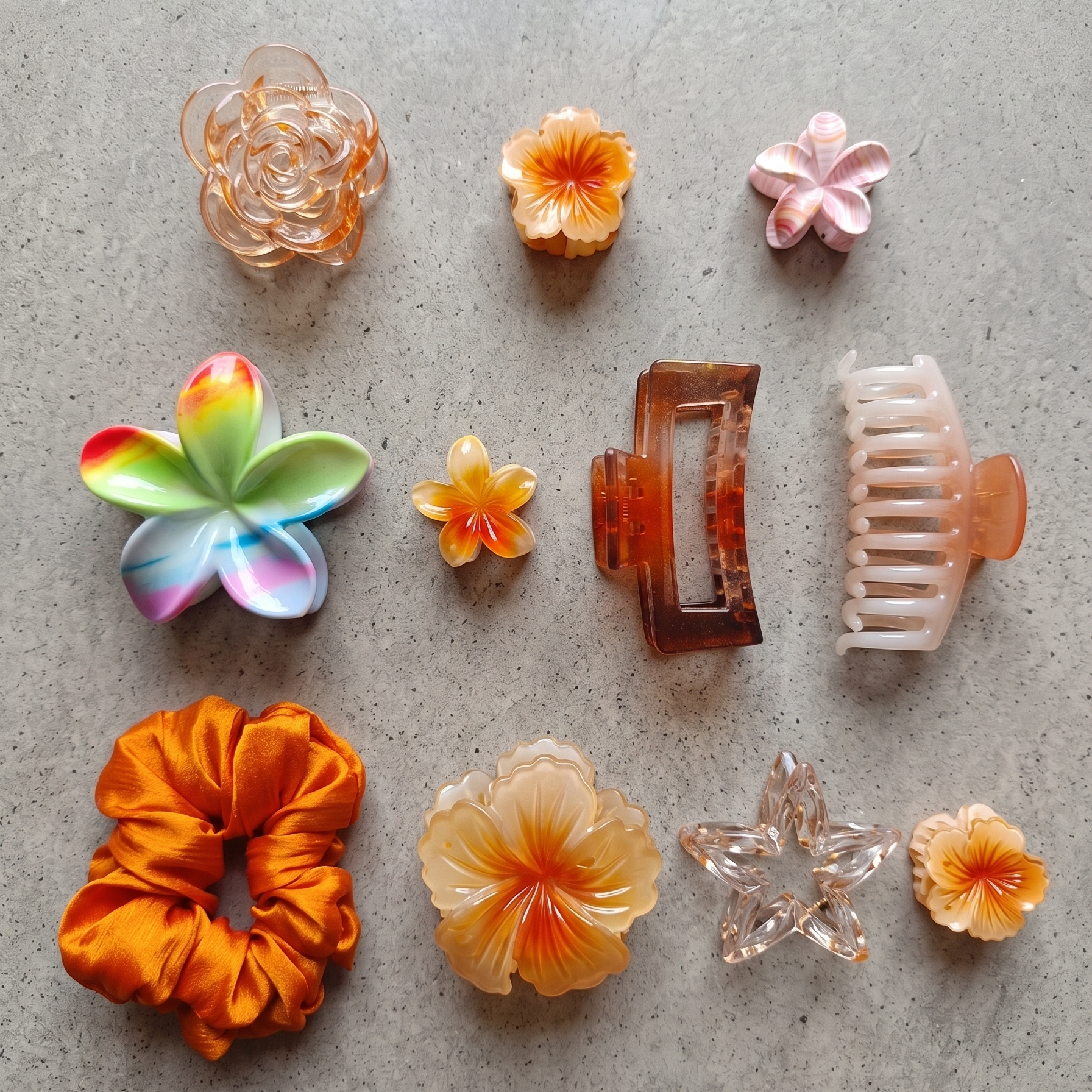 Collection of colorful hair accessories including scrunchies and clips on a gray surface