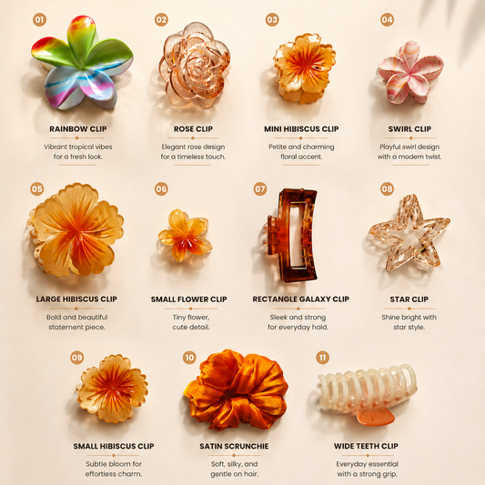 11 chic hair accessories with descriptions on a beige background