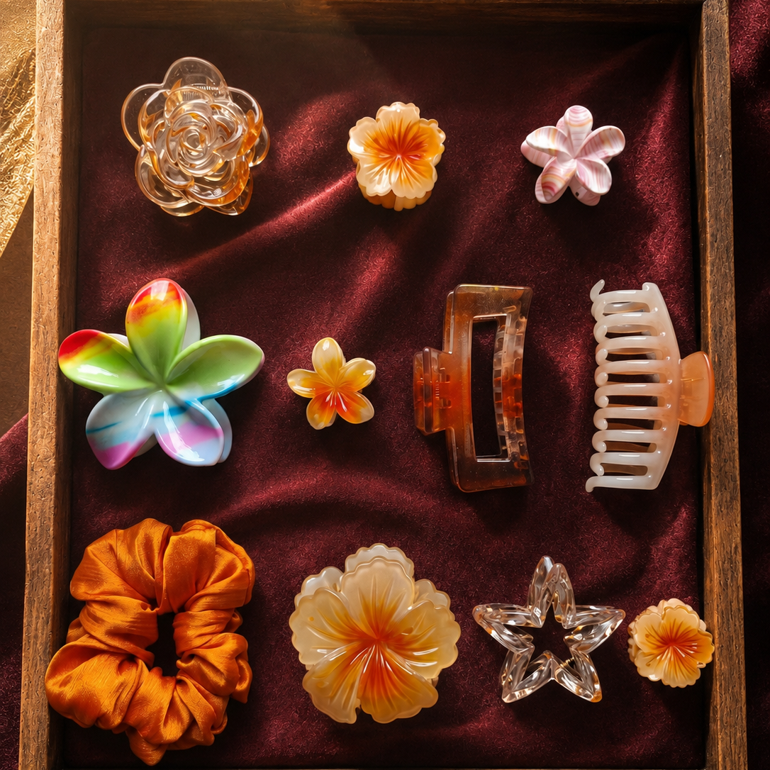 Wooden box with decorative hair accessories including flowers, scrunchies, and clips on a dark fabric background.