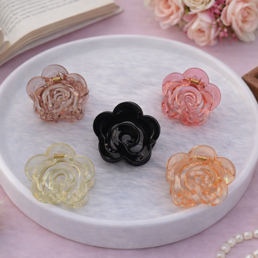 Glass Finish Aesthetic Rose Hair Claw Assorted colors - Medium -(pack of 3)