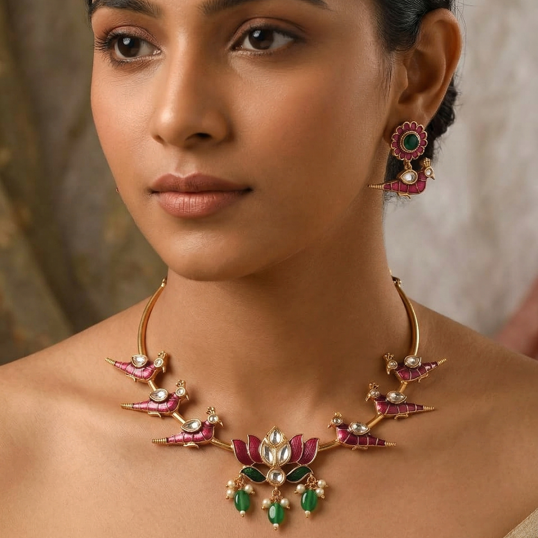 Woman wearing a gold necklace with green and red stones against a neutral background
